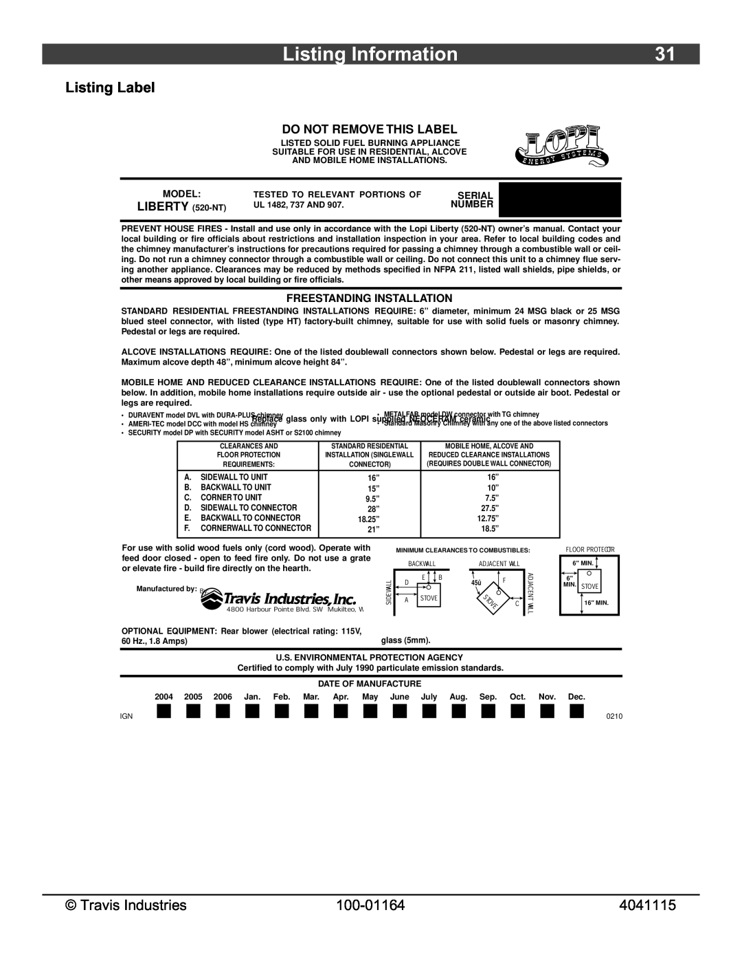 Lopi Liberty Wood Stove Listing Information, Travis Industries, 100-01164, 4041115, Do Not Remove This Label, Model 