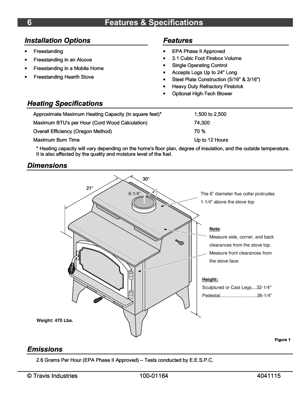 Lopi Liberty Wood Stove Features & Specifications, Installation Options, Heating Specifications, Dimensions, Emissions 