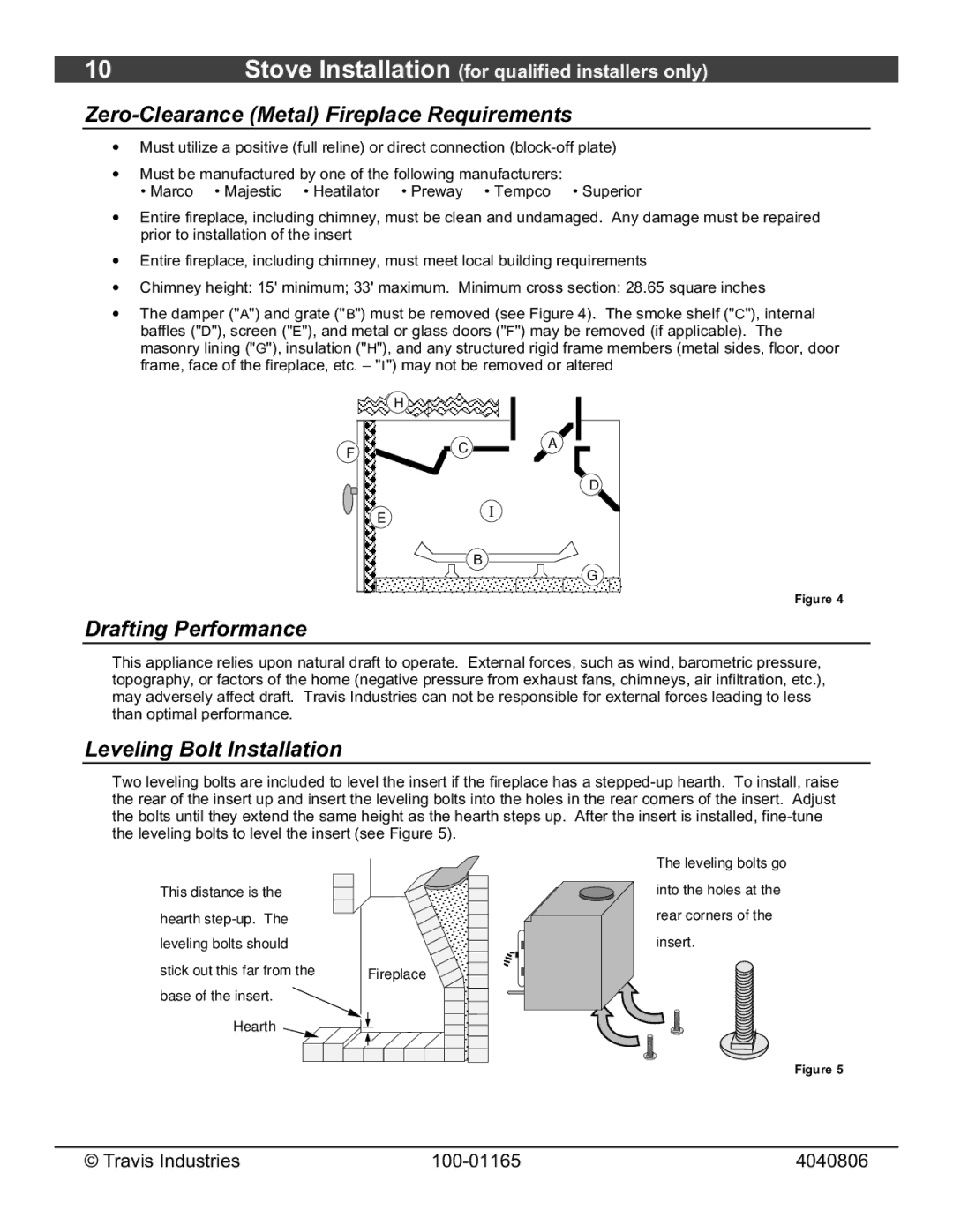 Lopi Revere owner manual Zero-Clearance Metal Fireplace Requirements, Drafting Performance, Leveling Bolt Installation 