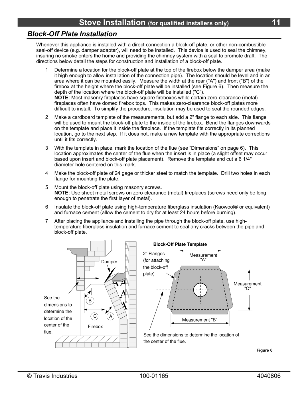 Lopi Revere owner manual Block-Off Plate Installation, Block-Off Plate Template 