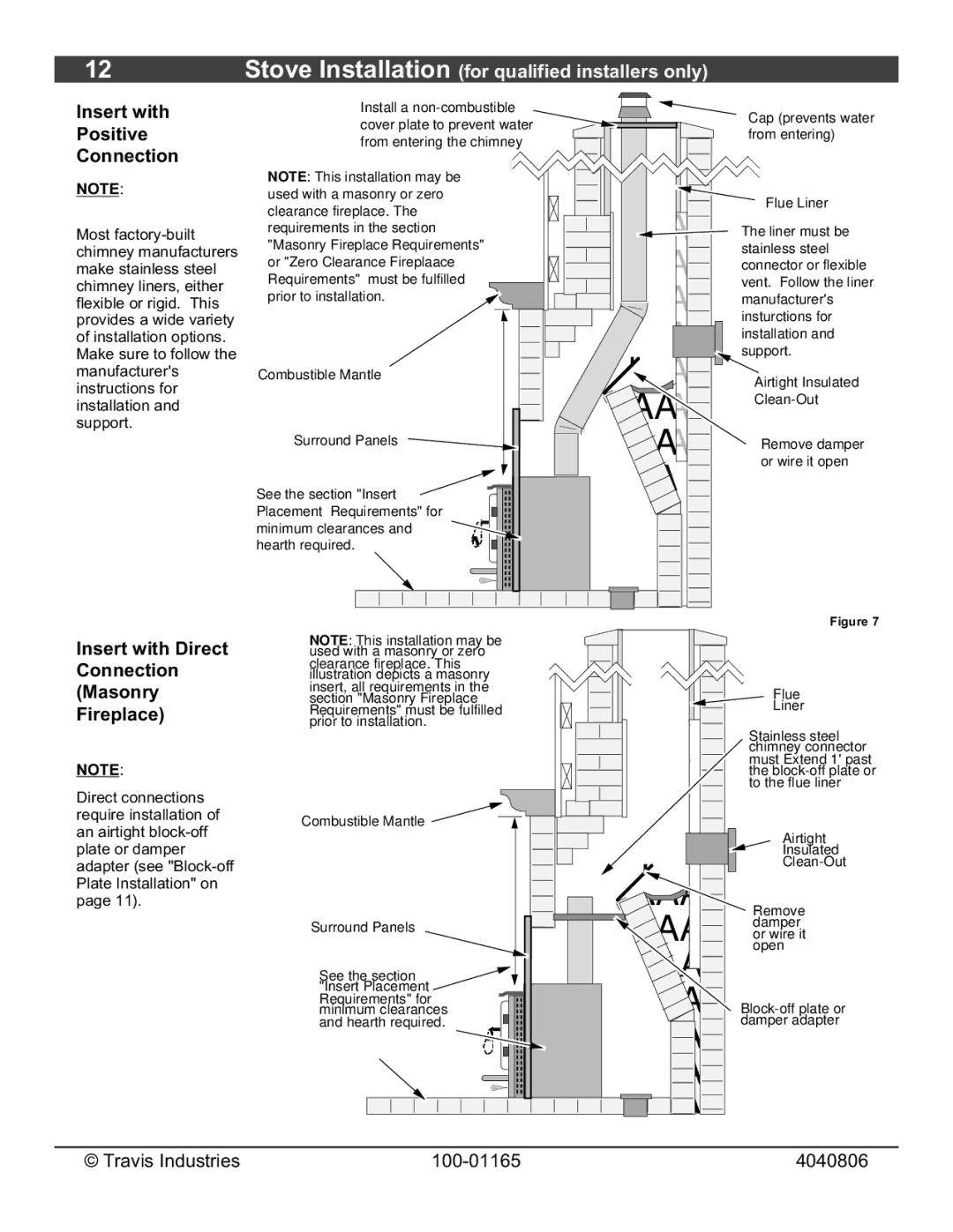 Lopi Revere owner manual Insert with Positive Connection, Insert with Direct, Masonry, Fireplace 