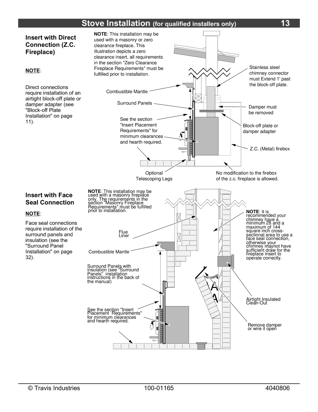 Lopi Revere owner manual Insert with Direct Connection Z.C. Fireplace, Insert with Face Seal Connection 