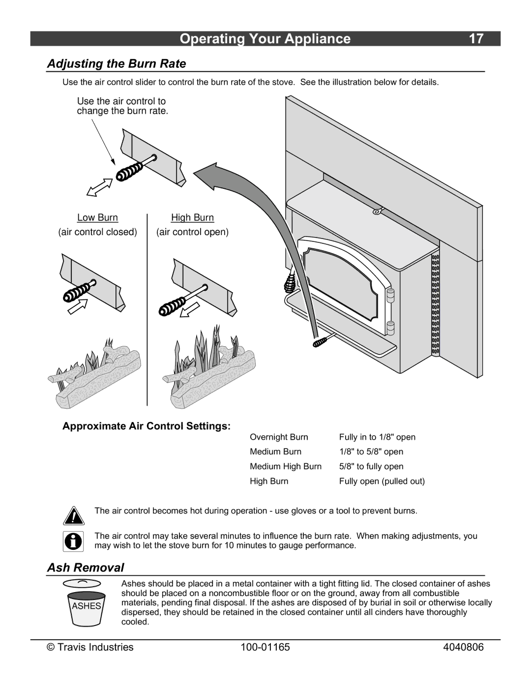 Lopi Revere owner manual Adjusting the Burn Rate, Ash Removal, Approximate Air Control Settings 