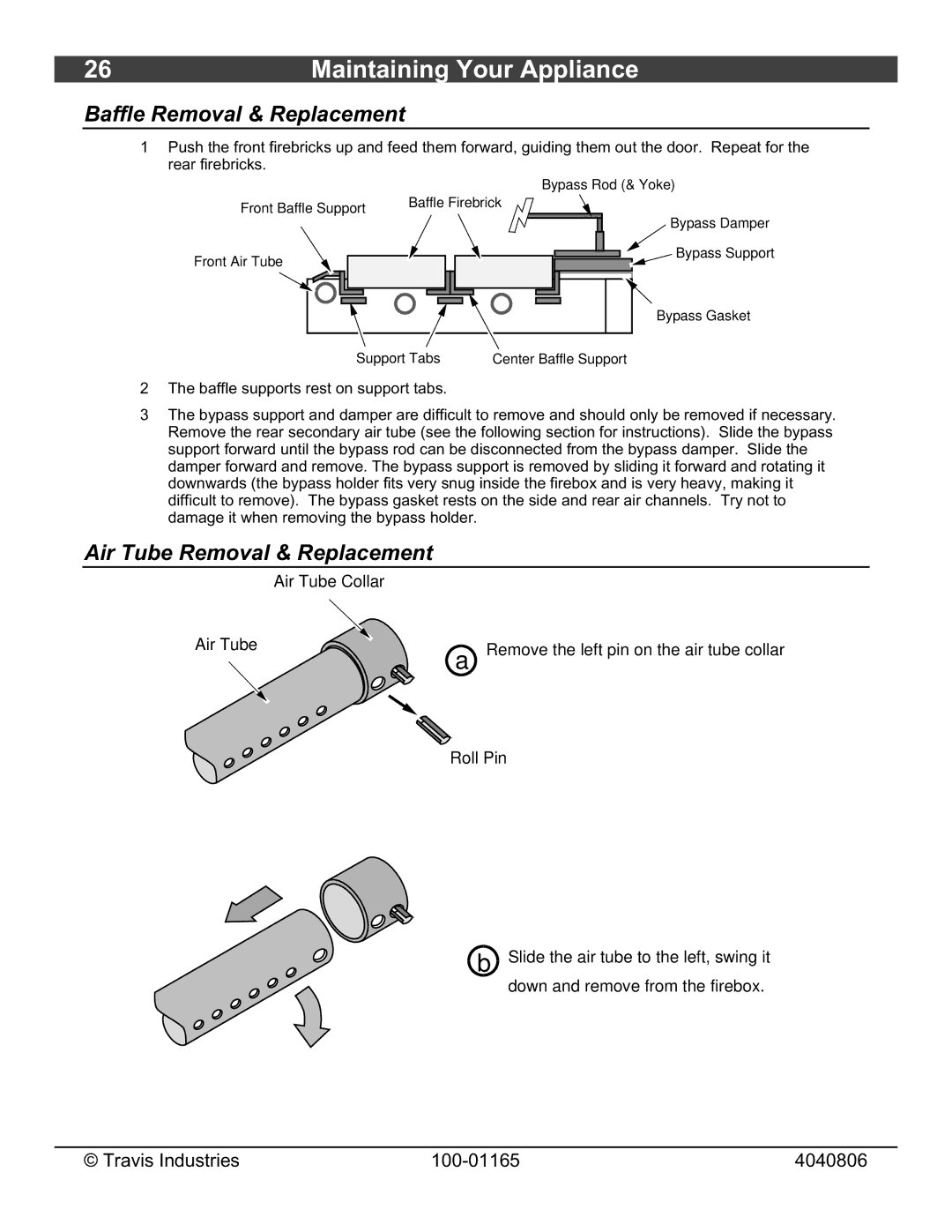 Lopi Revere owner manual Baffle Removal & Replacement, Air Tube Removal & Replacement 