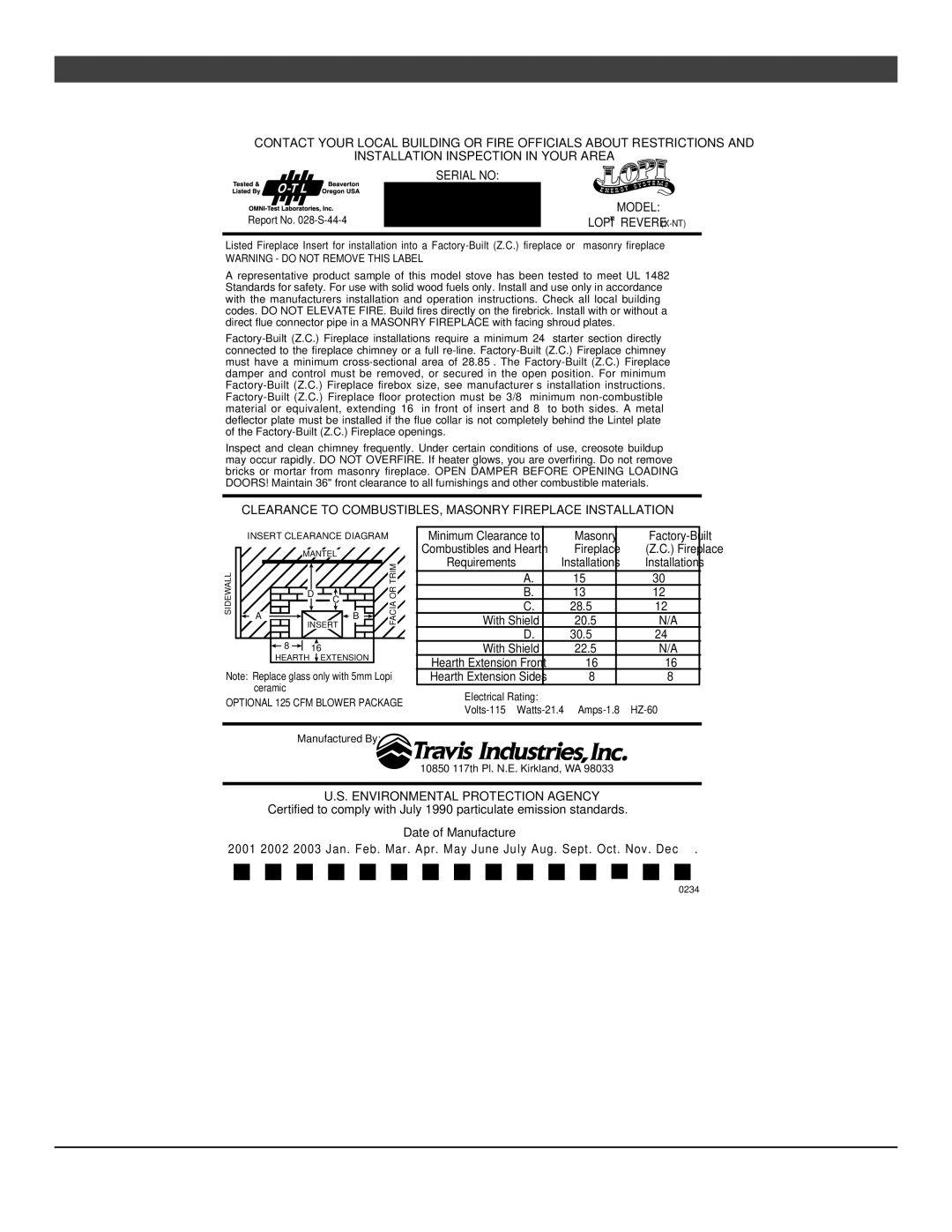 Lopi Revere owner manual Listing Label 