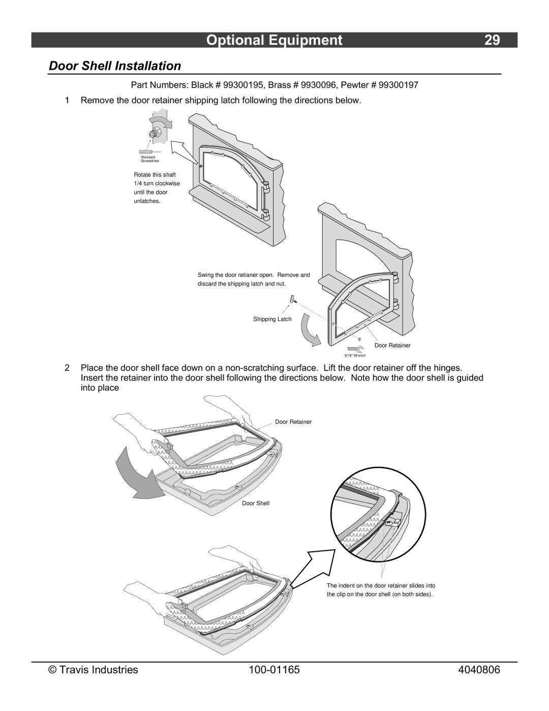 Lopi Revere owner manual Optional Equipment, Door Shell Installation 