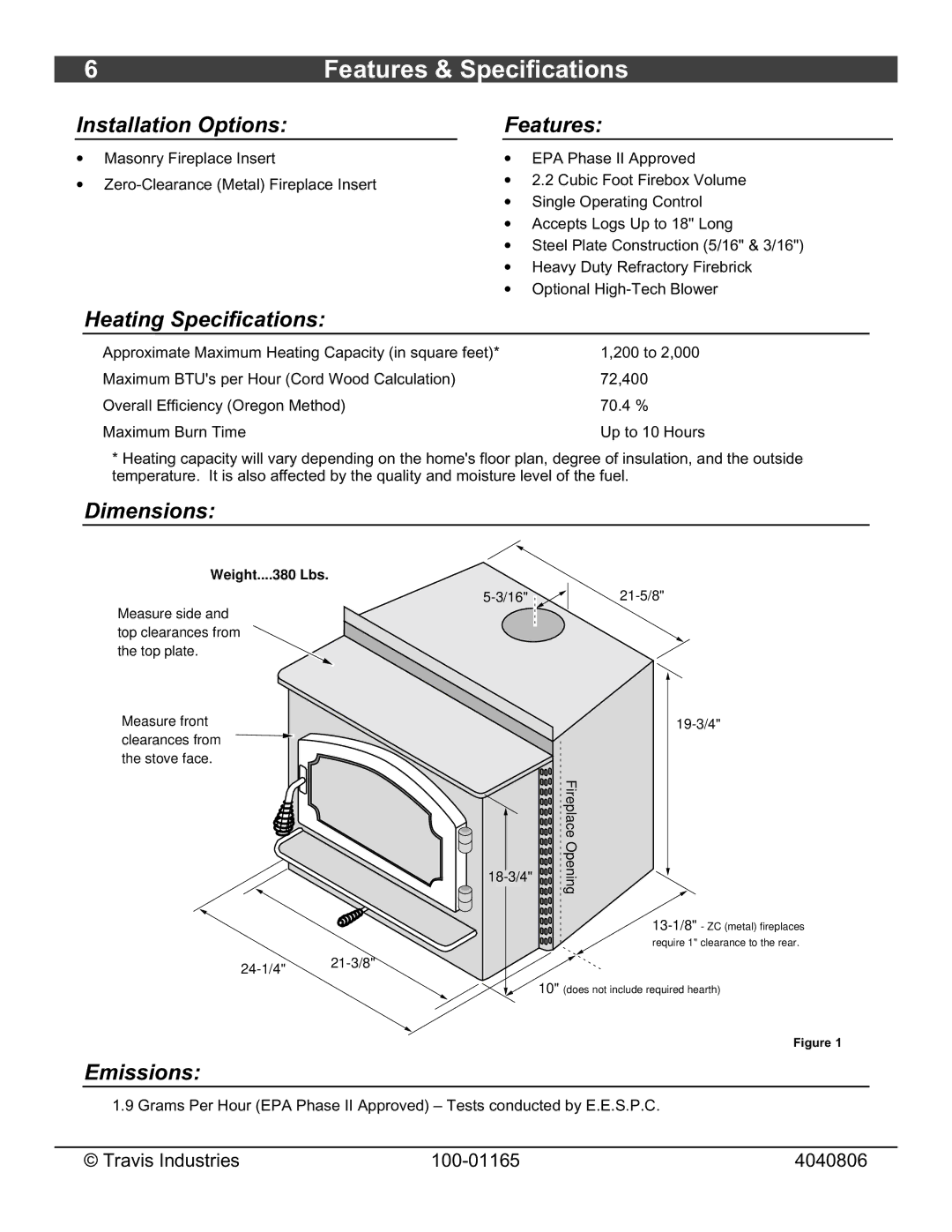 Lopi Revere Features & Specifications, Installation Options Features, Heating Specifications, Dimensions, Emissions 