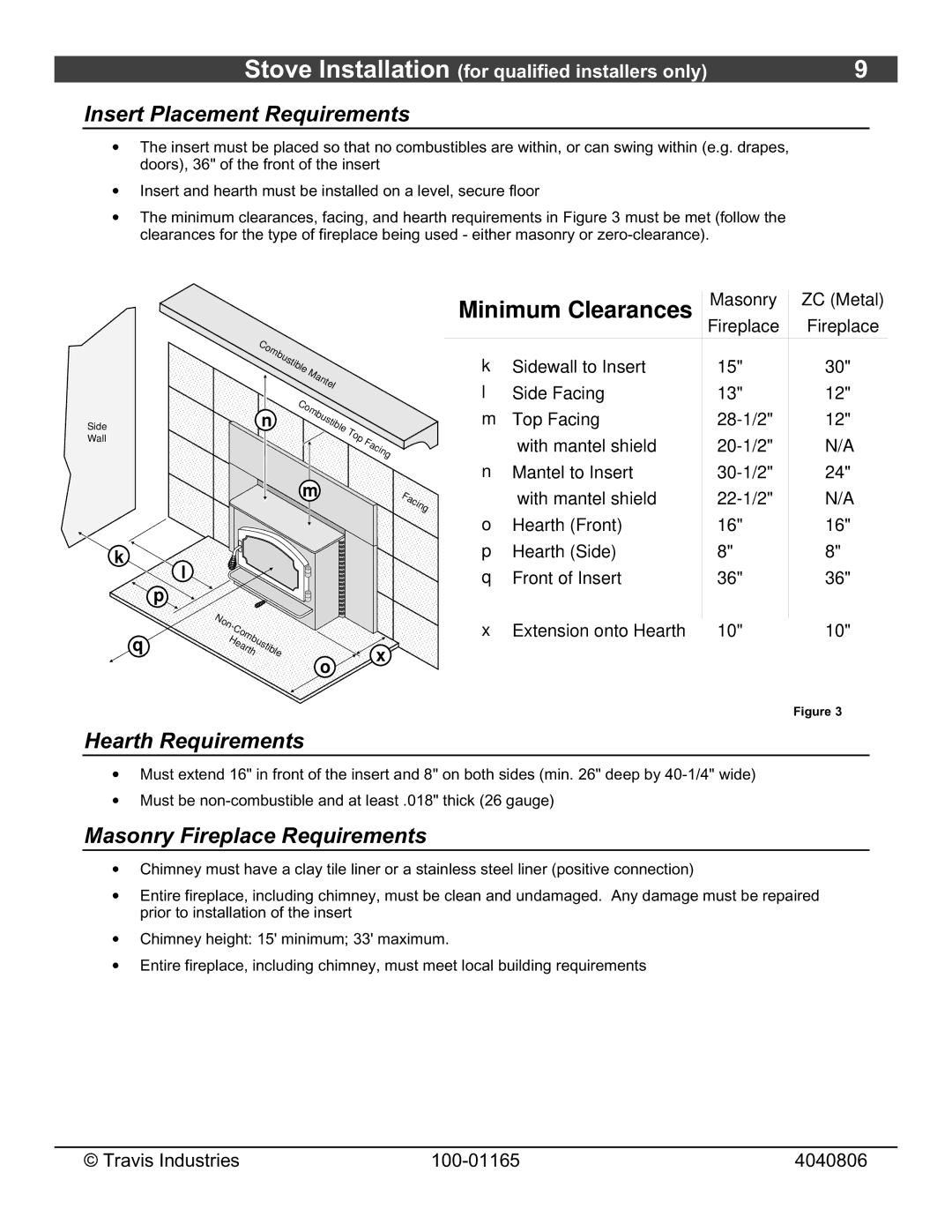 Lopi Revere owner manual Insert Placement Requirements, Hearth Requirements, Masonry Fireplace Requirements 