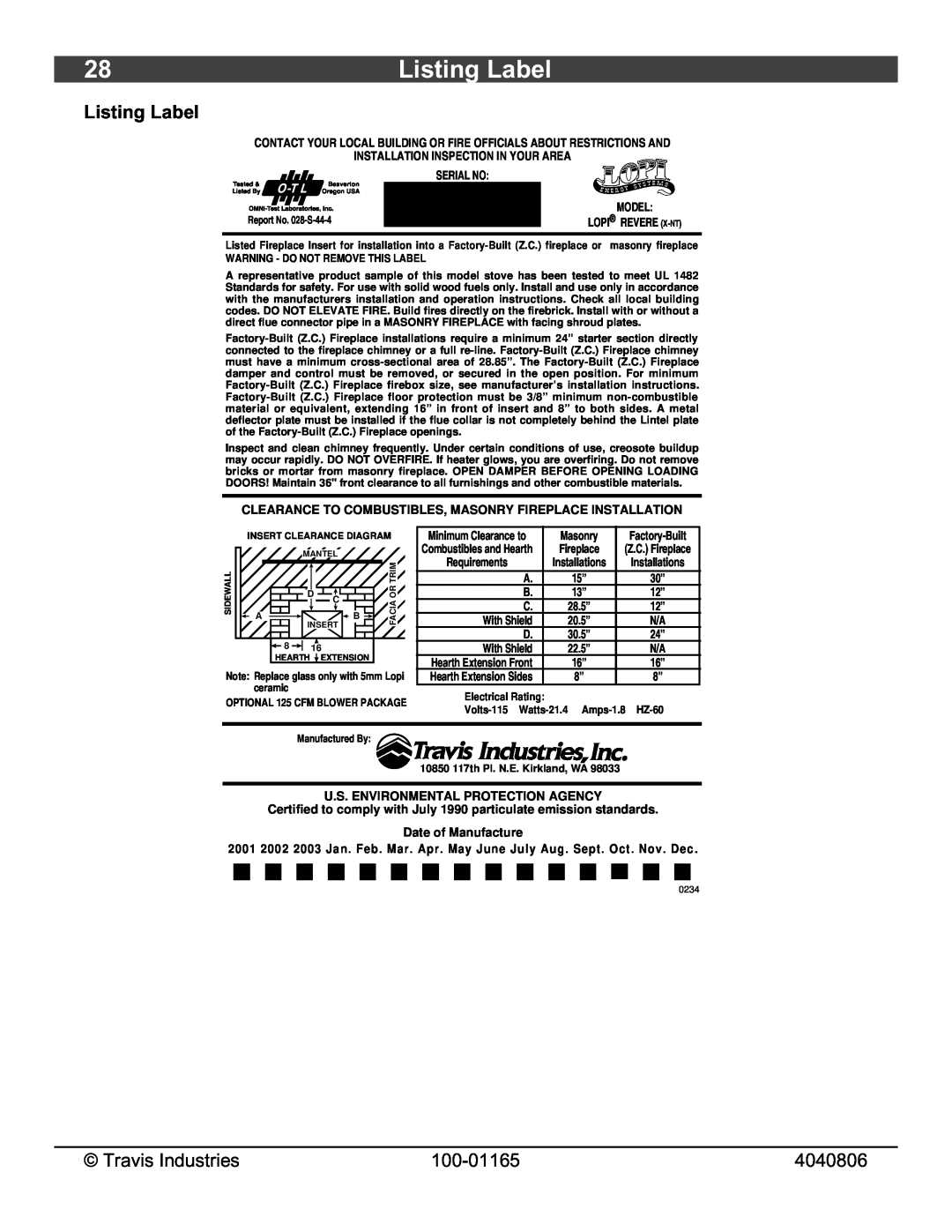 Lopi Revere owner manual Listing Label, Travis Industries, 100-01165, 4040806 