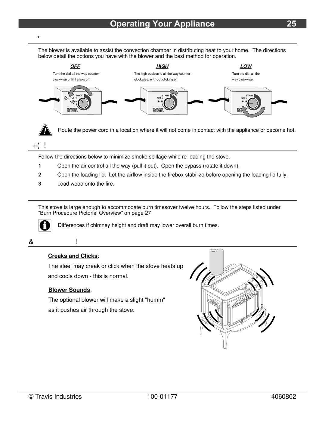 Lopi owner manual Blower Operation, Re-Loading the Stove, Overnight Burn, Normal Operating Sounds 