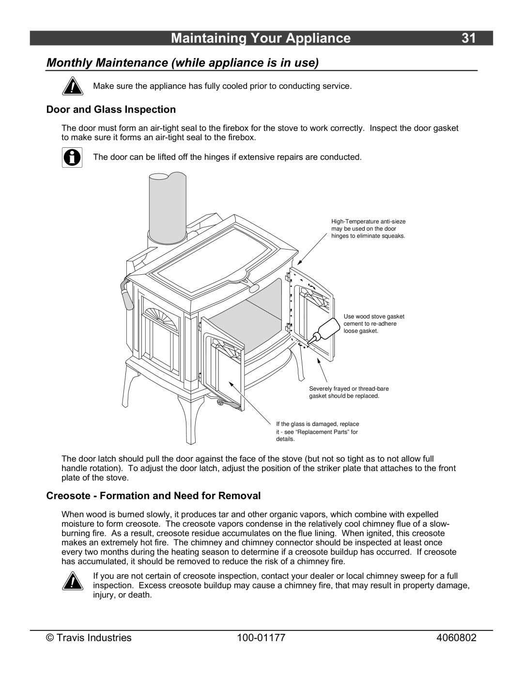 Lopi Stove owner manual Monthly Maintenance while appliance is in use, Door and Glass Inspection 