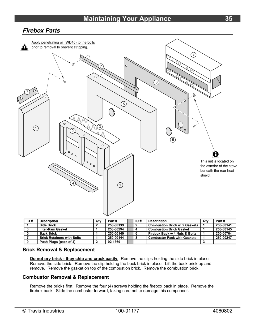 Lopi Stove owner manual Firebox Parts, Brick Removal & Replacement, Combustor Removal & Replacement 