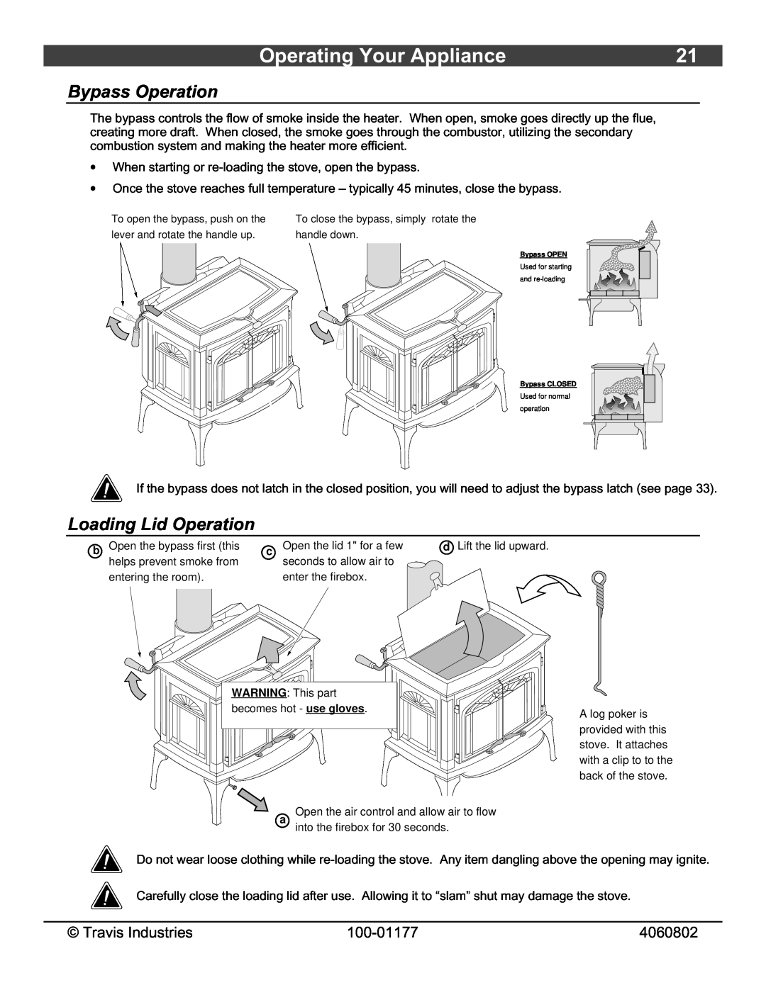 Lopi Stove owner manual Operating Your Appliance, Bypass Operation, Loading Lid Operation 
