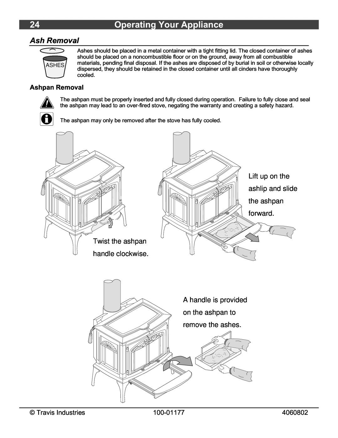 Lopi Stove owner manual Operating Your Appliance, Ash Removal, Lift up on the ashlip and slide the ashpan, remove the ashes 