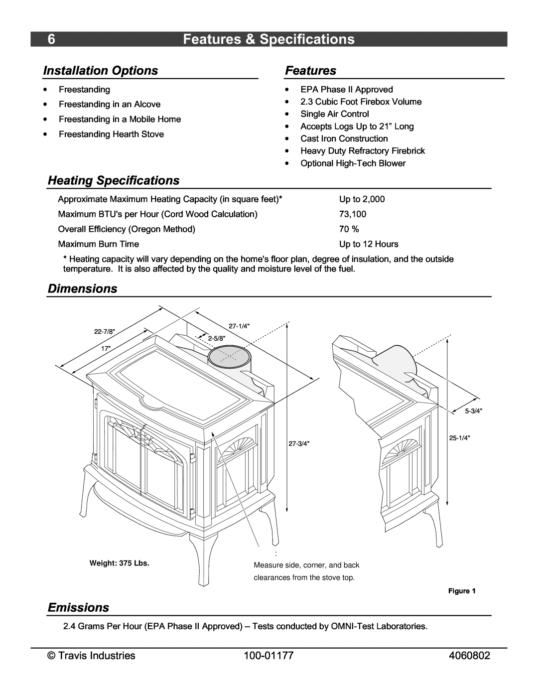 Lopi Stove owner manual Features & Specifications, Installation Options, Heating Specifications, Dimensions, Emissions 