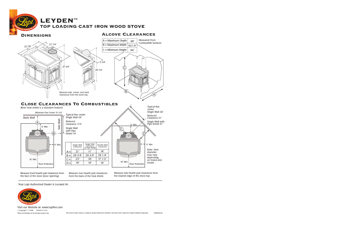 Lopi Top Loading Cast Iron Wood Stove dimensions Dimensions Alcove Clearances 