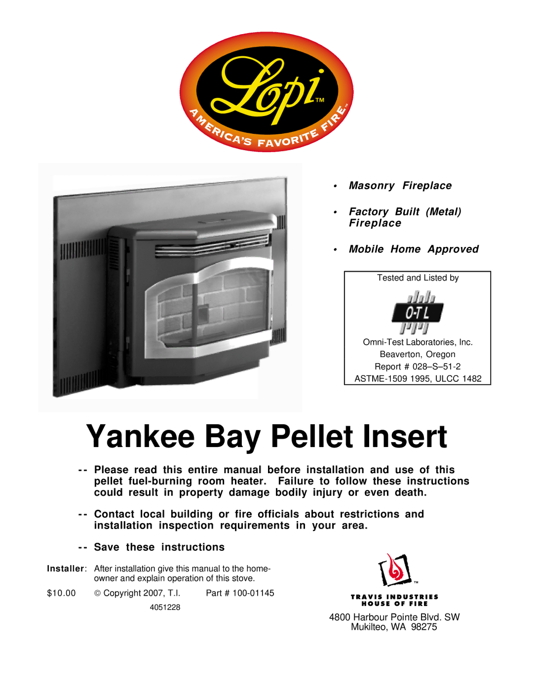Lopi Yankee Bay Pellet Insert manual 