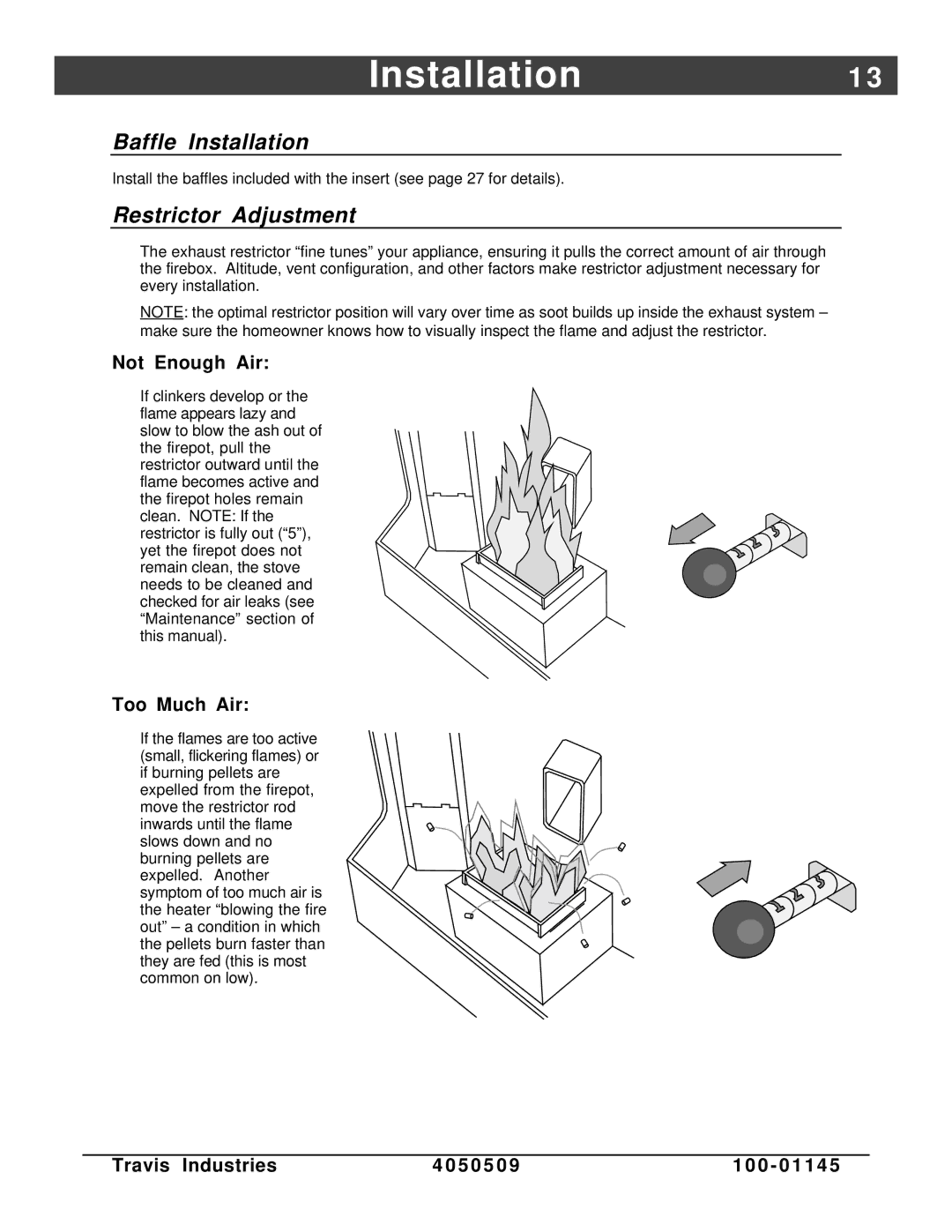 Lopi Yankee Bay Pellet Insert manual Baffle Installation, Restrictor Adjustment, Not Enough Air, Too Much Air 