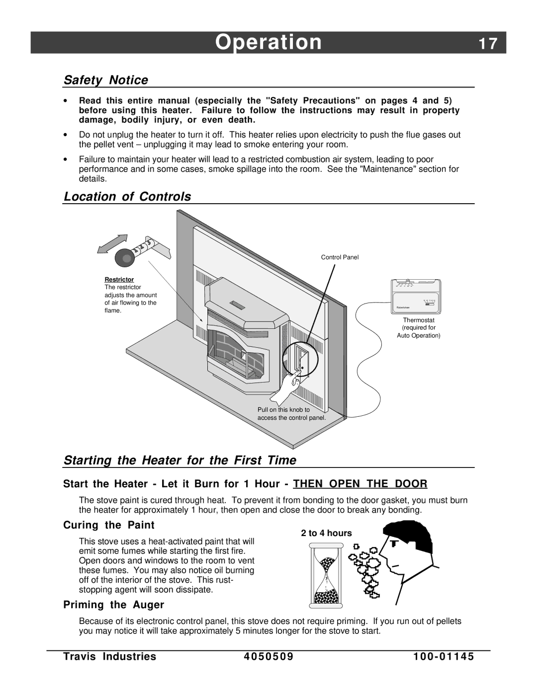 Lopi Yankee Bay Pellet Insert Operation1, Safety Notice, Location of Controls, Starting the Heater for the First Time 