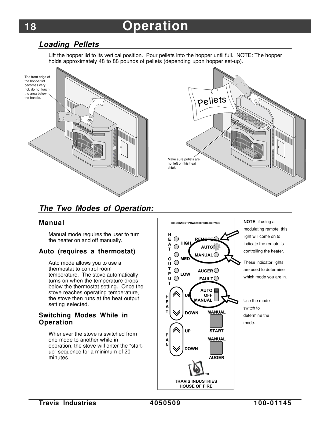 Lopi Yankee Bay Pellet Insert manual 8Operation, Loading Pellets, Two Modes of Operation 