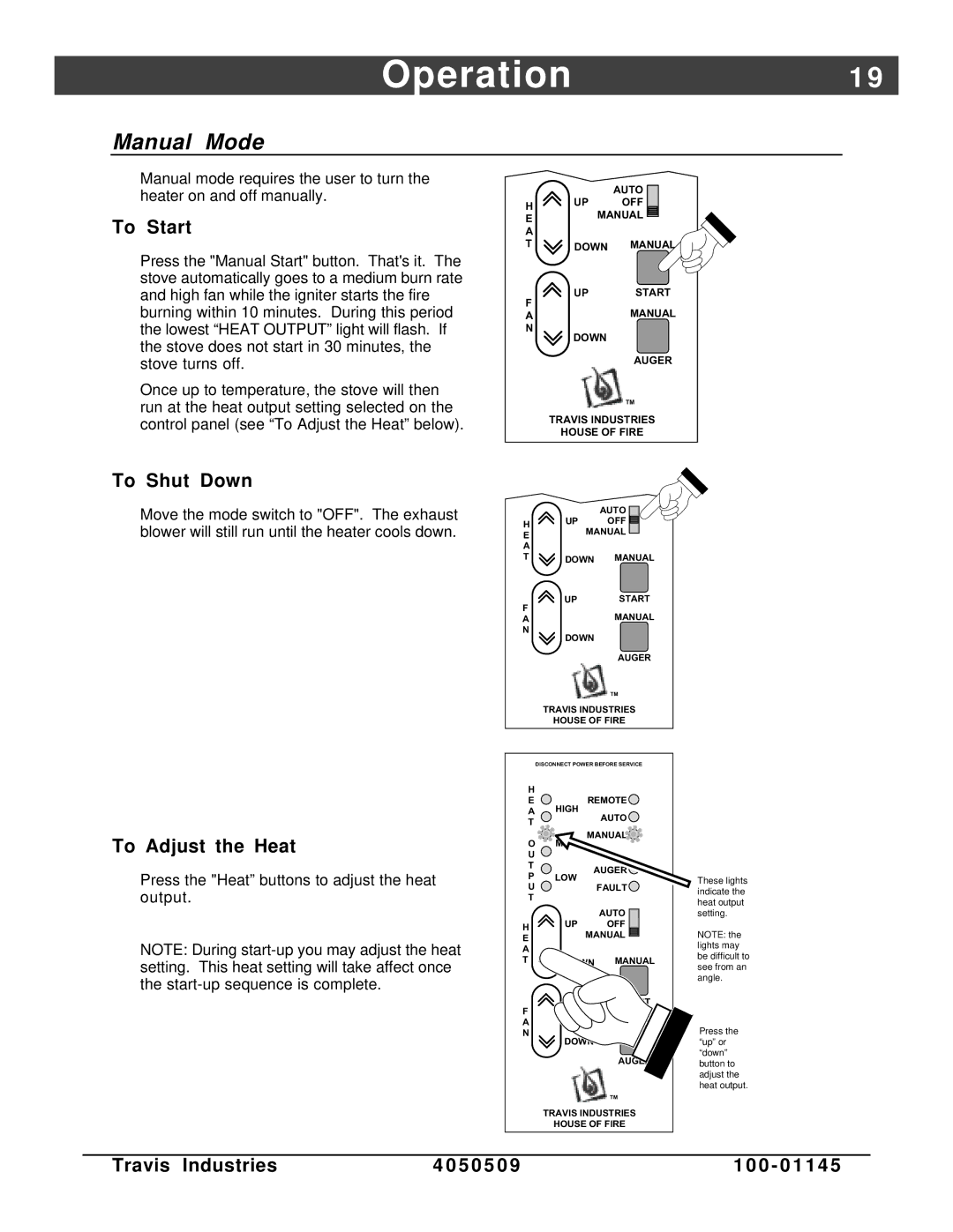 Lopi Yankee Bay Pellet Insert manual Manual Mode, To Start, To Shut Down, To Adjust the Heat 