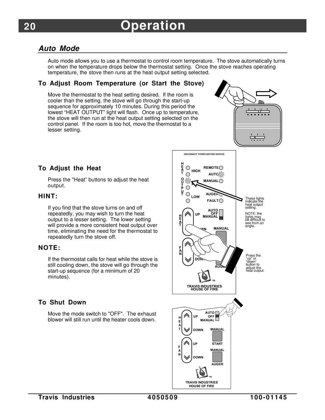 Lopi Yankee Bay Pellet Insert manual 0Operation, Auto Mode, To Adjust Room Temperature or Start the Stove 