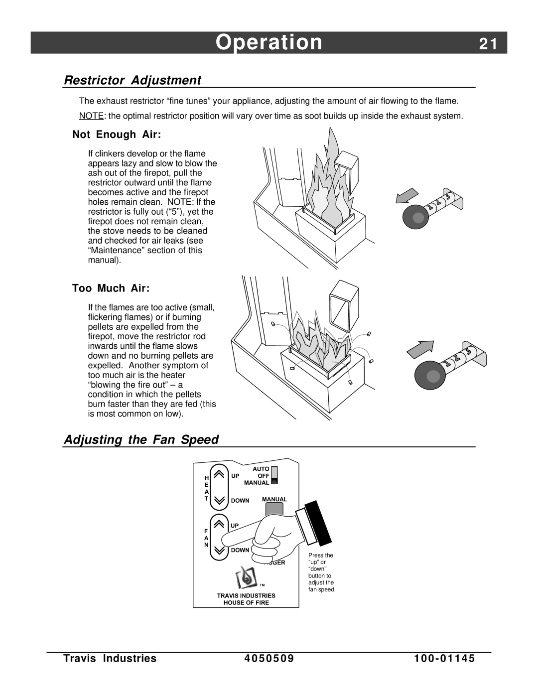 Lopi Yankee Bay Pellet Insert manual Operation2, Adjusting the Fan Speed 