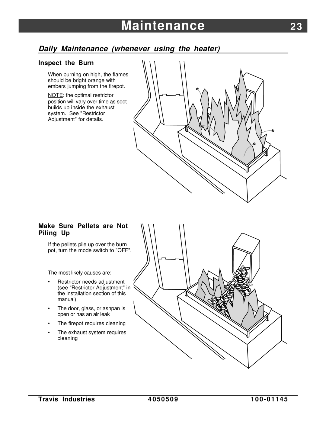 Lopi Yankee Bay Pellet Insert manual Maintenance2, Daily Maintenance whenever using the heater, Inspect the Burn 