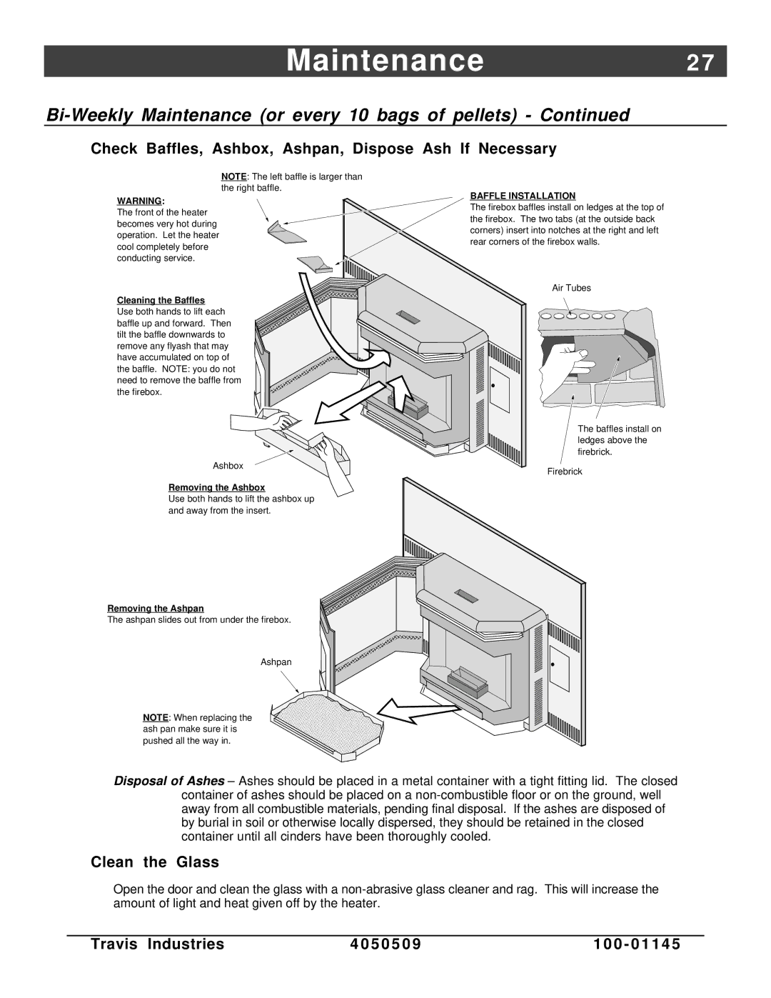 Lopi Yankee Bay Pellet Insert manual Check Baffles, Ashbox, Ashpan, Dispose Ash If Necessary, Clean the Glass 