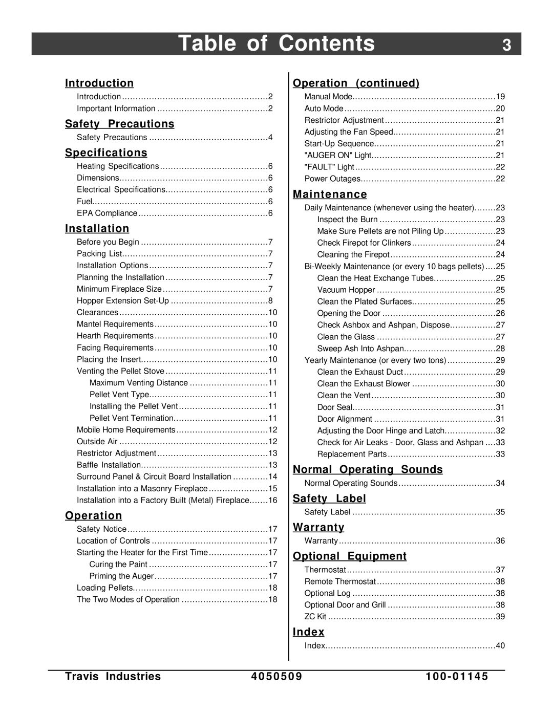 Lopi Yankee Bay Pellet Insert manual Table of Contents 