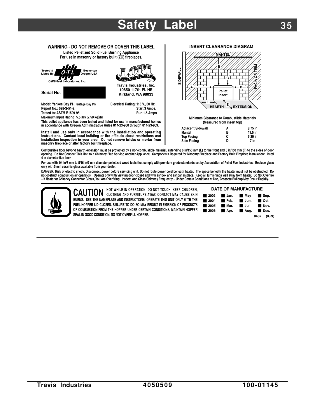 Lopi Yankee Bay Pellet Insert manual Safety Label, Serial No 