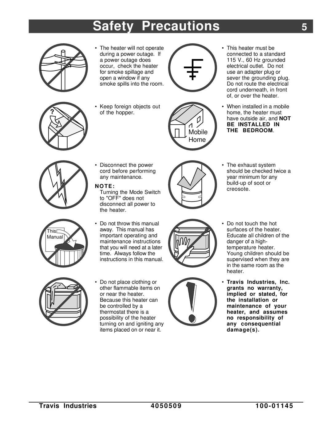 Lopi Yankee Bay Pellet Insert manual Safety Precautions, Mobile Home 