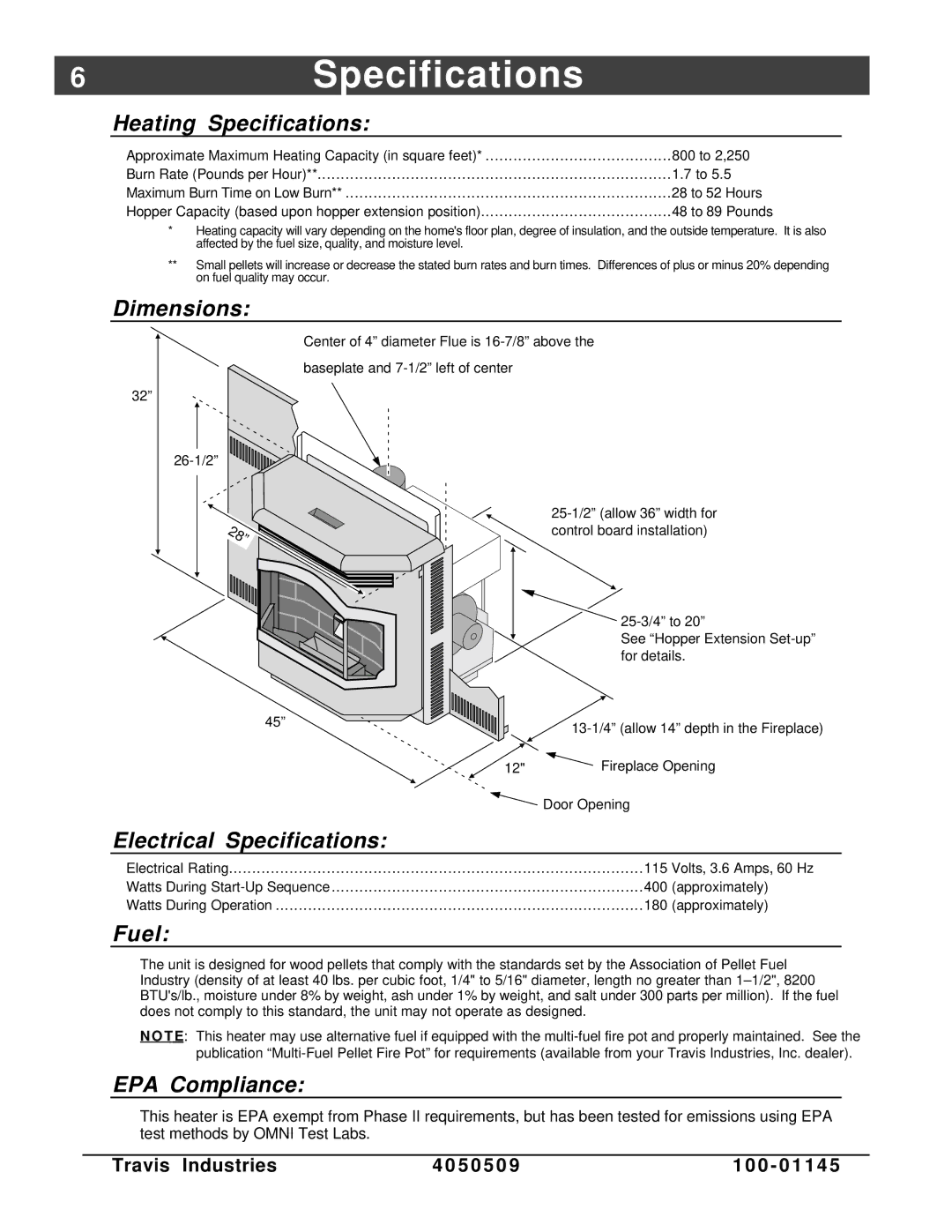 Lopi Yankee Bay Pellet Insert manual 6Specifications 