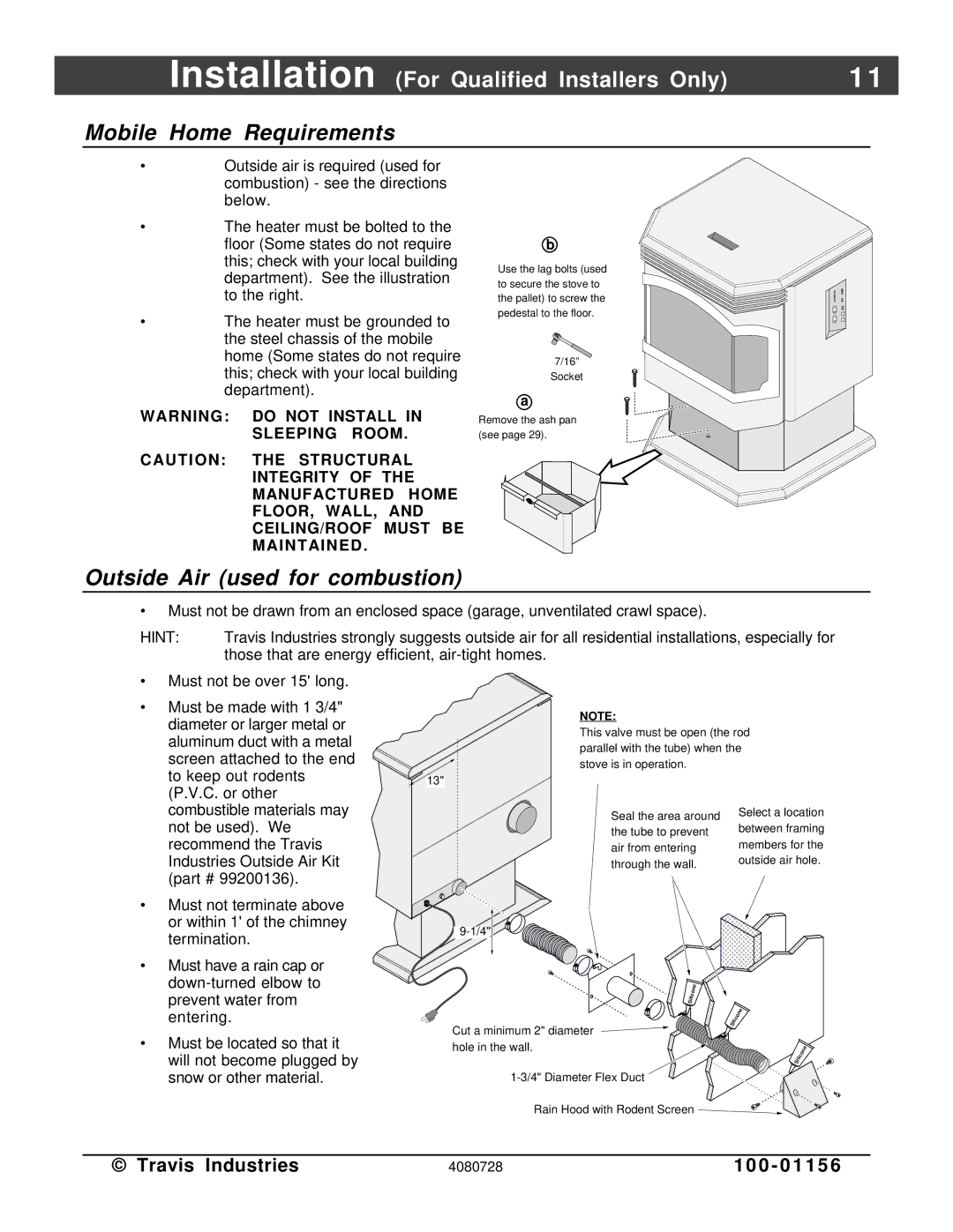 Lopi Yankee PS manual Mobile Home Requirements, Outside Air used for combustion 