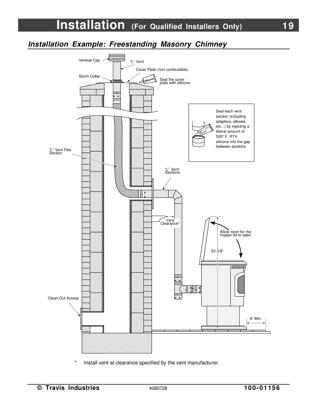 Lopi Yankee PS manual Installation Example Freestanding Masonry Chimney, Seal the cover 