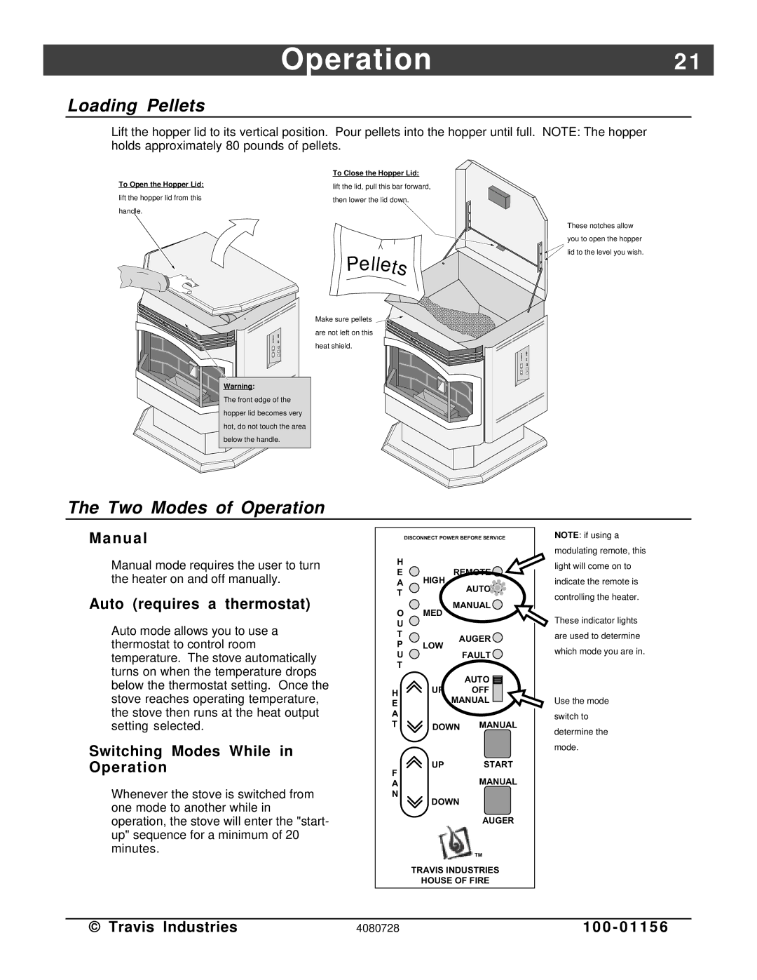 Lopi Yankee PS manual Operation2, Loading Pellets, Two Modes of Operation 