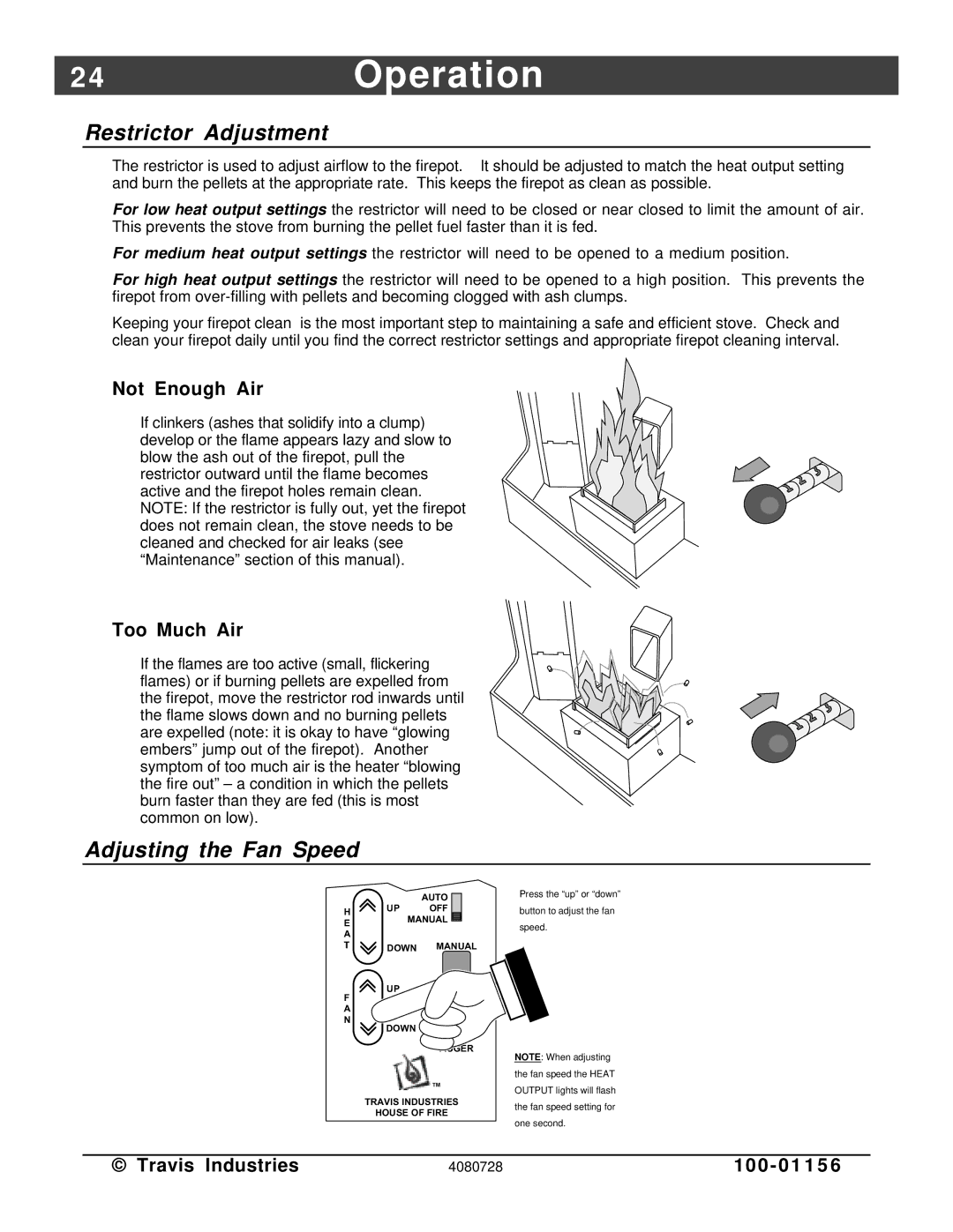 Lopi Yankee PS manual 4Operation, Adjusting the Fan Speed 