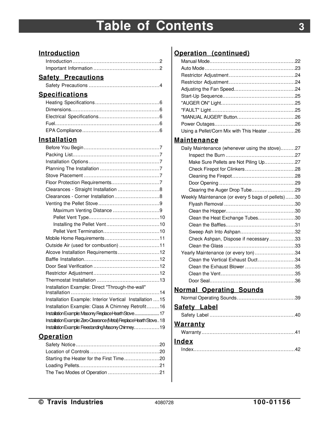 Lopi Yankee PS manual Table of Contents 