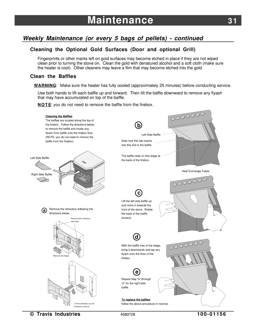 Lopi Yankee PS manual Maintenance3, Cleaning the Optional Gold Surfaces Door and optional Grill, Clean the Baffles 