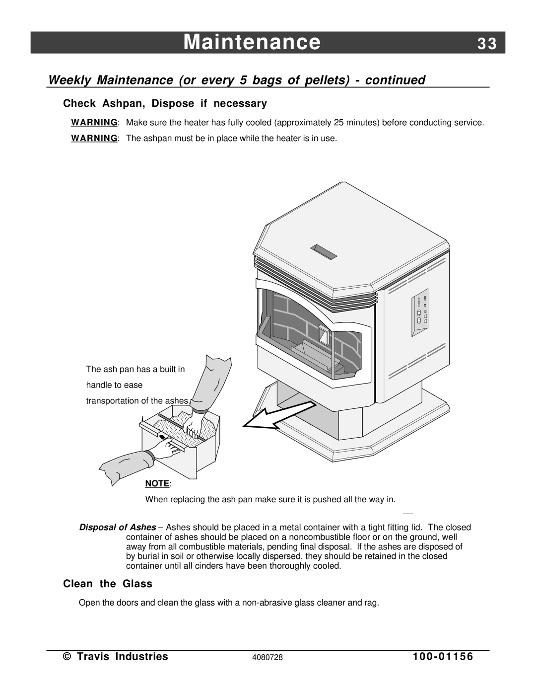 Lopi Yankee PS manual Check Ashpan, Dispose if necessary, Clean the Glass 