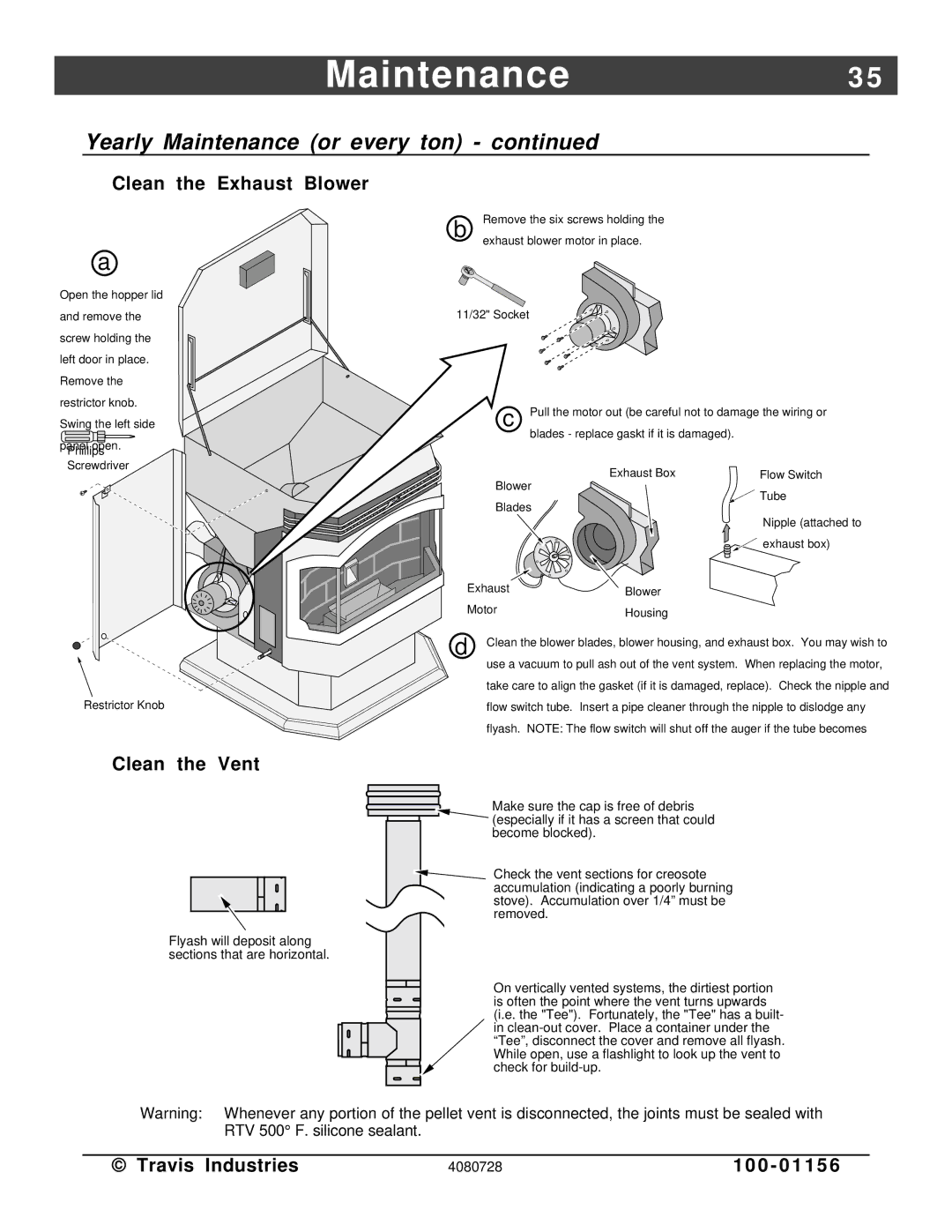 Lopi Yankee PS manual Clean the Exhaust Blower, Clean the Vent 