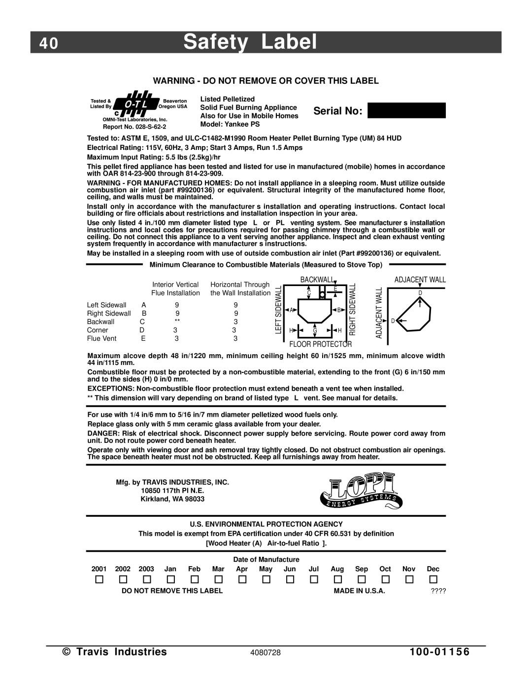 Lopi Yankee PS manual Safety Label, Serial No 