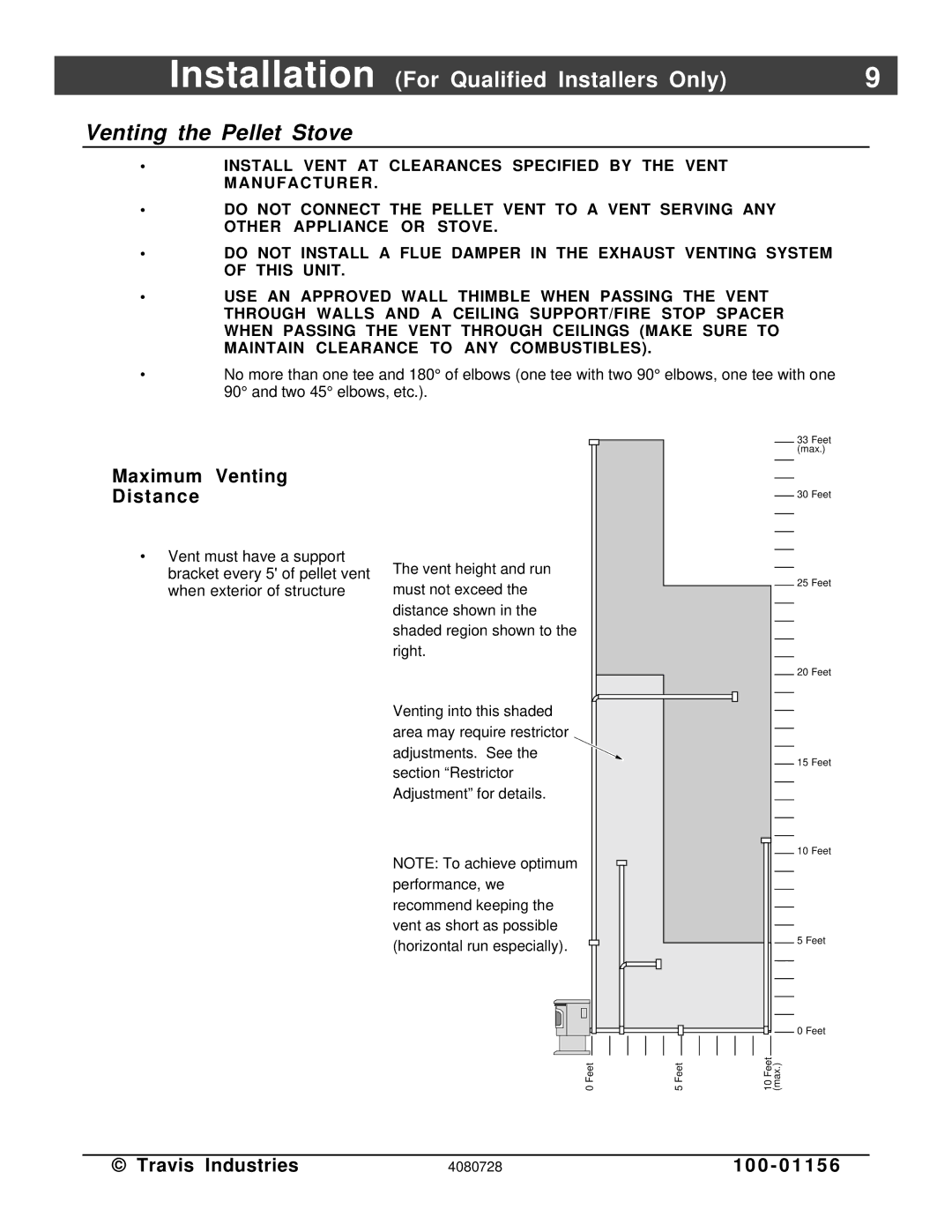 Lopi Yankee PS manual Venting the Pellet Stove, Maximum Venting Distance 