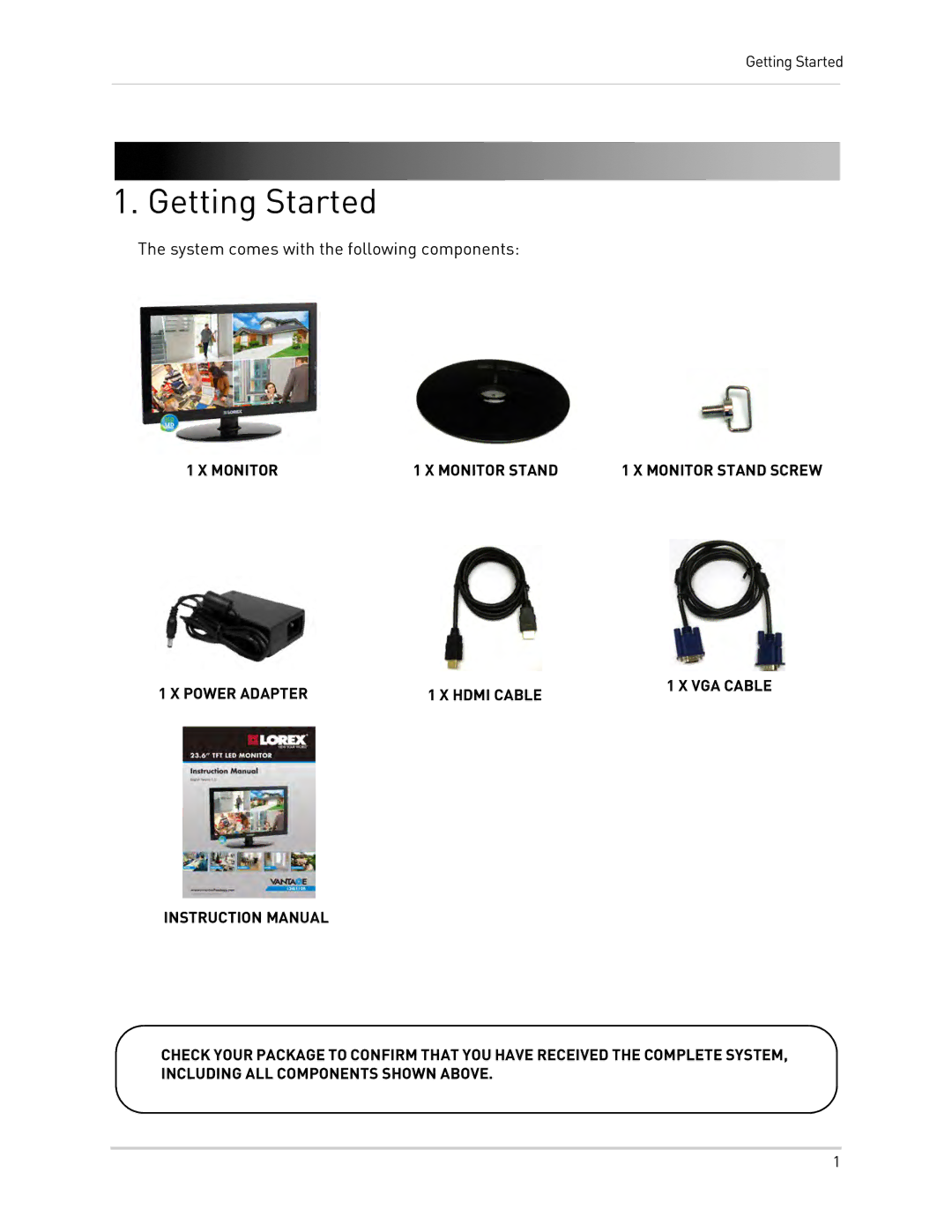 Lorex 24[sy] security surveillance monitor manual Getting Started, System comes with the following components 