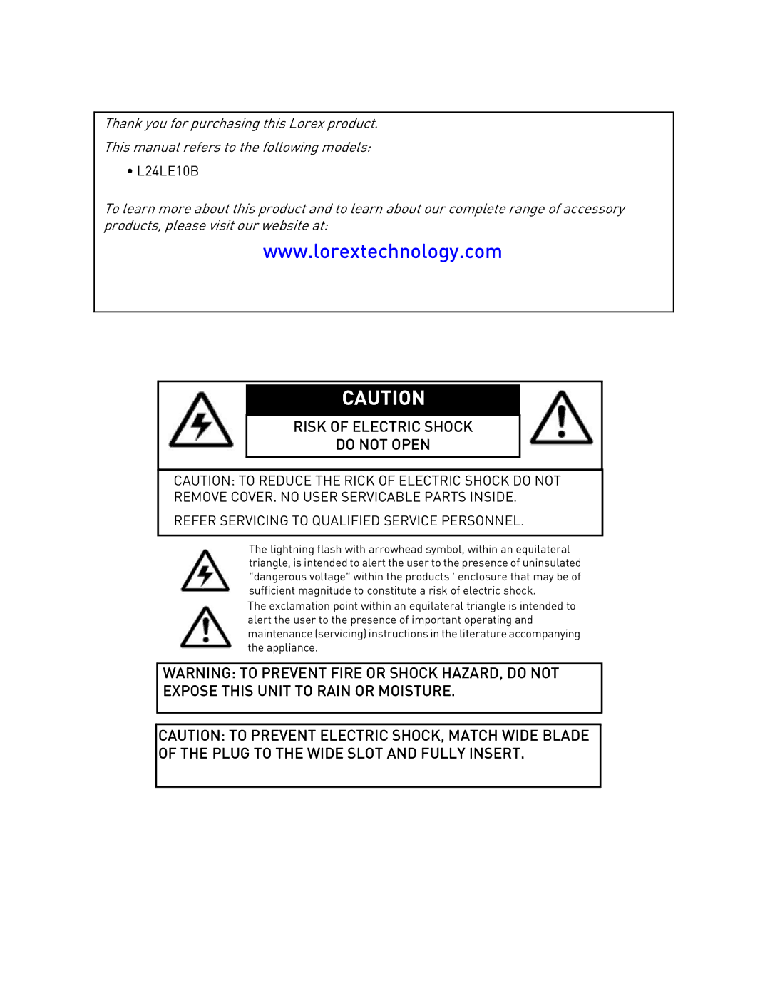 Lorex 24[sy] security surveillance monitor manual Risk of Electric Shock Do not Open 