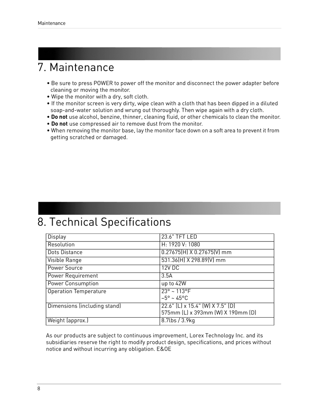 Lorex 24[sy] security surveillance monitor manual Maintenance, Technical Specifications 