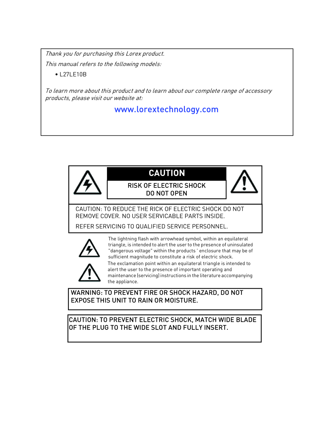 Lorex 27[sy] LED monitor manual Risk of Electric Shock Do not Open 