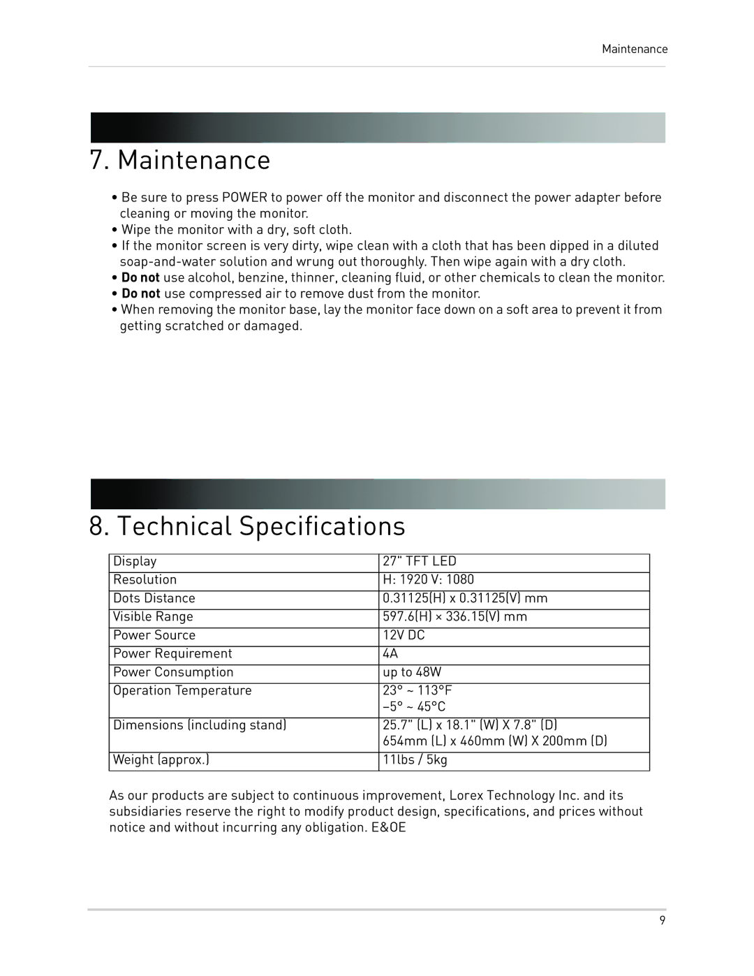 Lorex 27[sy] LED monitor manual Maintenance, Technical Specifications 