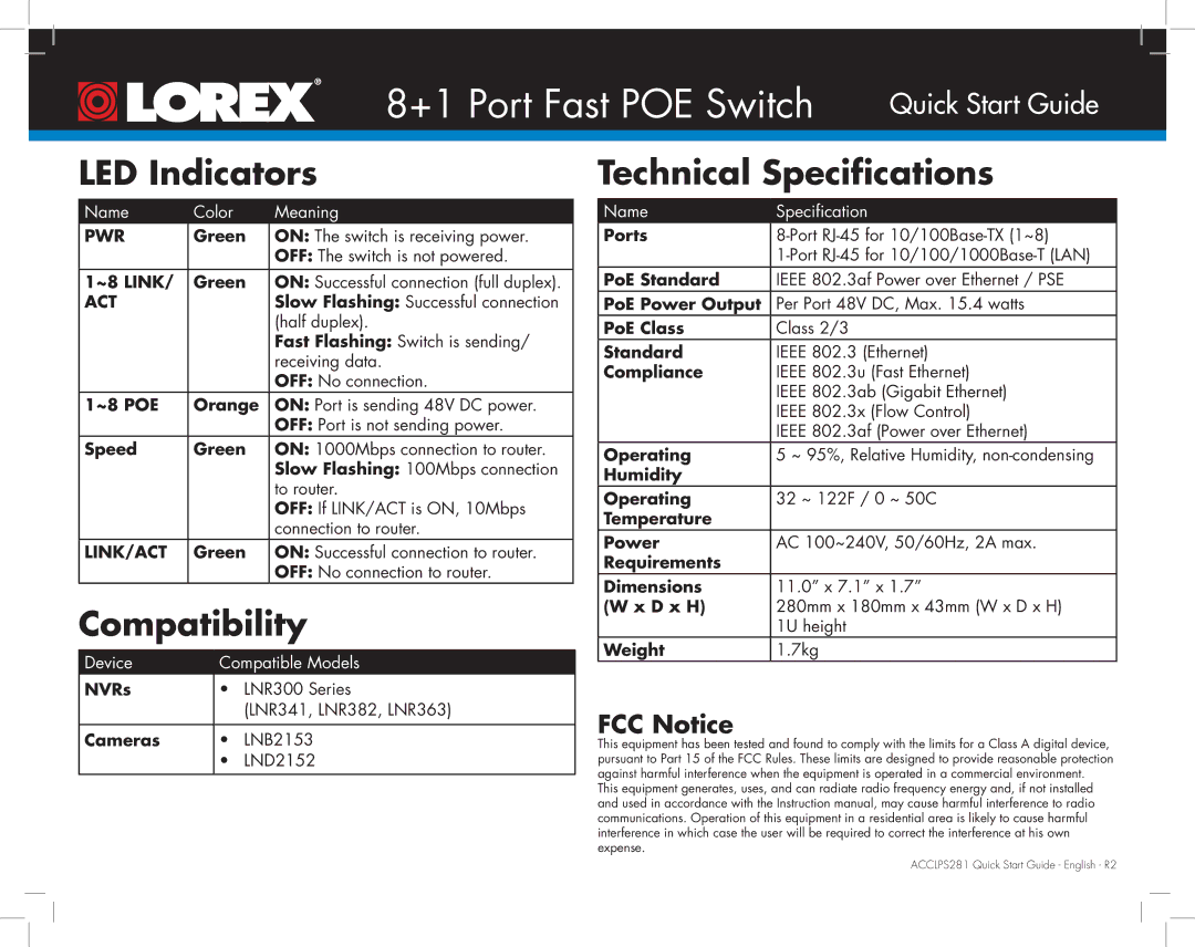 Lorex 8-Channel PoE Switch manual LED Indicators, Compatibility, Technical Specifications, FCC Notice 