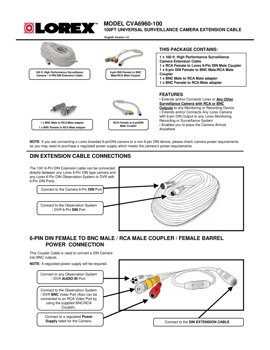 Lorex manual Model CVA6960-100, DIN Extension Cable Connections, 100FT Universal Surveillance Camera Extension Cable 